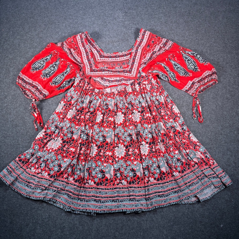 Free People Red Floral Paisley‎ Square Neck Balloon Sleeve Mini Dress Small